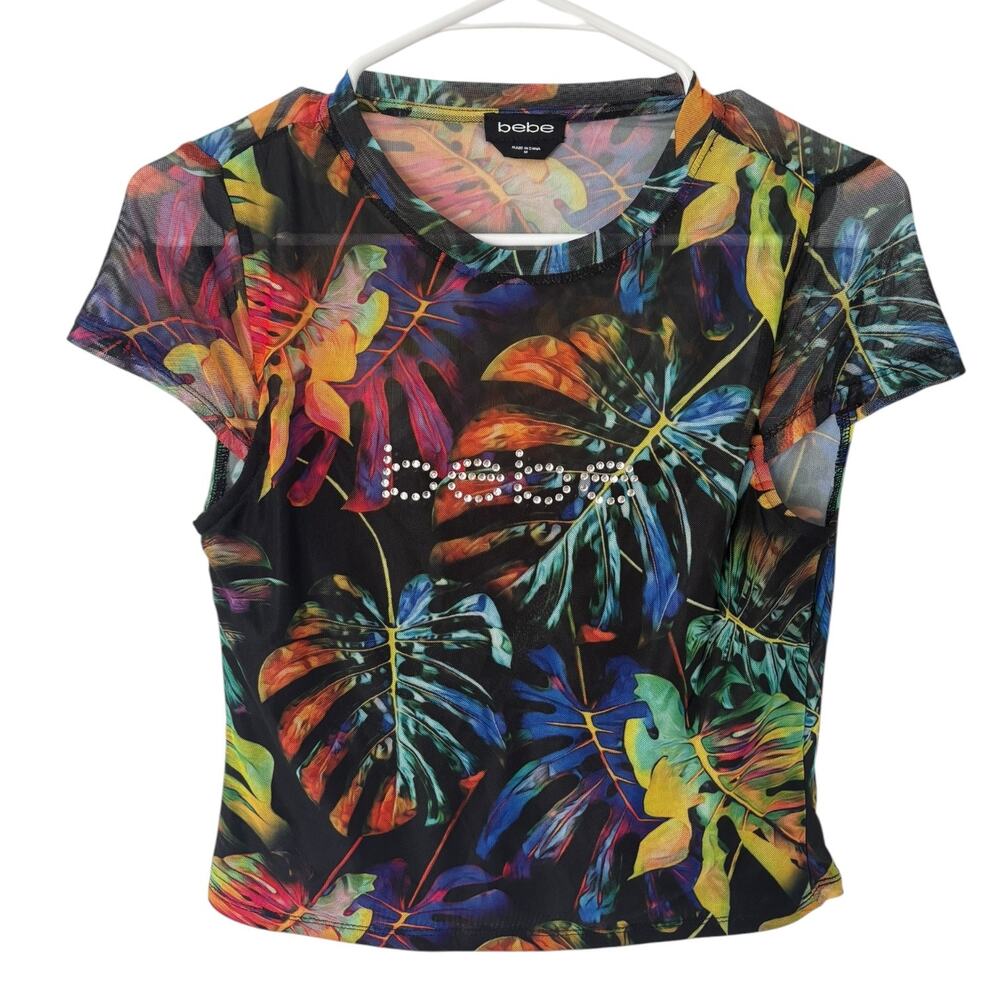 Bebe Y2K Tropical Mesh Rhinestone Logo Spell Out Baby Tee Crop Top M Multicolor